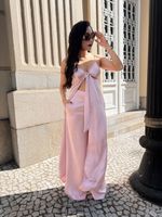 Conjunto Rosa com Blusa Longa e Calça Pantalona