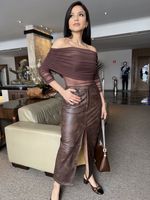 Saia Midi Vintage Couro Fake