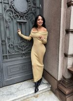Vestido Midi Manga Longa Com Gola Degage