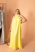 Vestido Frente Única Solto com Borda de Flores Amarelo