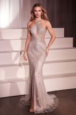 Vestido Longo Prata Silver Luxo com Brilho, Decote Halter e Fenda