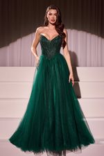 Vestido Longo Tule Verde Esmeralda Princesa com Bordado em Brilho e Saia Fluida