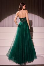 Vestido Longo Tule Verde Esmeralda Princesa com Bordado em Brilho e Saia Fluida