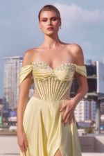 Vestido Longo com Corset Bordado em Florzinhas, Pedraria Fina e Saia Ampla com Mangas Removíveis Amarelo