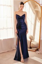 Vestido Longo de Seda sem Alças com Drapeado Lateral no Quadril e Fenda na Perna Azul