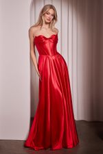 Vestido Longo com Corset sem Alças e Detalhe no Busto Vermelho