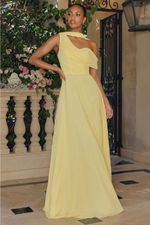 Vestido Longo de Gasa com Uma Manga Caída e Corset Estruturado Amarelo