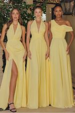 Vestido Longo de Gasa com Uma Manga Caída e Corset Estruturado Amarelo