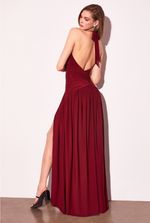 Vestido Longo de Licra com Amarração no Pescoço, Decote em V e Drapeado na Cintura Vermelho