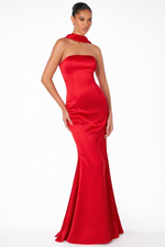 Vestido Longo Strapless com Zíper nas Costas e Lenço de Seda Removível Vermelho