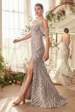 Vestido Longo Prata com Brilho, Um Ombro Só e Fenda