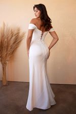 Vestido de Noiva Longo 2 em 1 com Corset Drapeado Lateral, Mangas Removíveis e Fenda Off White