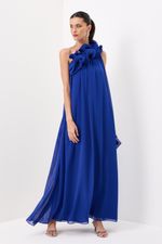 Vestido Longo de Um Ombro Só com Babado e Caimento Elegante Azul Royal
