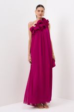 Vestido Longo de Um Ombro Só com Babado e Caimento Elegante Fucsia