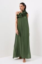 Vestido Longo de Um Ombro Só com Babado e Caimento Elegante Verde