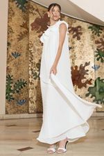 Vestido Longo de Um Ombro Só com Babado e Caimento Elegante Branco