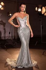 Vestido Longo Strapless com Corset Estruturado e Saia Inteira com Brilho Prateado 