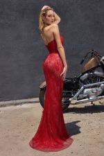 Vestido Longo Strapless com Corset Inteiro em Malha de Strass e Caimento Sereia Vermelho