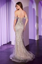 Vestido Longo Ombro a Ombro com Transparência no Busto e Bordado em Pedraria de Strass Azul