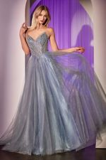 Vestido Longo Strapless em V com Corset Bordado e Saia de Tule em A Azul Claro