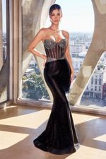 Vestido Longo de Tule com Alças Finas, Corset com Transparência e Brilho Preto