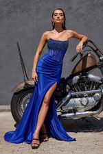 Vestido Longo Strapless com Corset Transparente e Bordado no Busto com Fenda Azul
