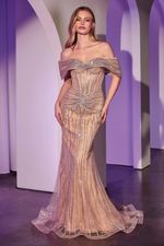 Vestido Longo Sereia com Corset Transparente, Brilho Importado e Cauda – Ombro a Ombro ou Tomara que Caia Bege