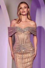 Vestido Longo Sereia com Corset Transparente, Brilho Importado e Cauda – Ombro a Ombro ou Tomara que Caia Bege