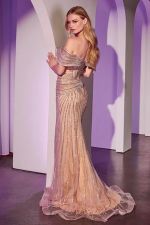 Vestido Longo Sereia com Corset Transparente, Brilho Importado e Cauda – Ombro a Ombro ou Tomara que Caia Bege