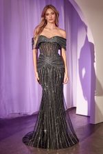 Vestido Longo Sereia com Corset Transparente, Brilho Importado e Cauda – Ombro a Ombro ou Tomara que Caia Preto