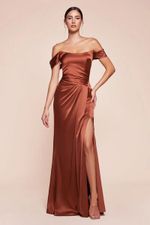 Vestido Longo Ombro a Ombro com Fenda Terracota