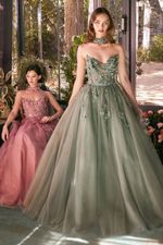 Vestido Longo Princesa com Flores e Paetê Verde Oliva