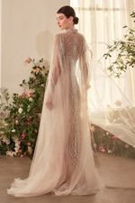 Vestido Longo com Tule e Vidrilhos Champagne 