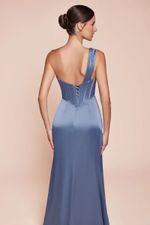 Vestido Longo de Seda de Um Ombro com Corset Estruturado, Drapeado Lateral e Fenda Azul