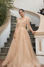 Vestido Longo Princesa Transparência Salmão