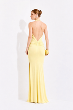 Vestido Longo Frente Única Drapeado na Cintura Amarelo