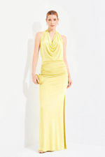 Vestido Longo Frente Única Drapeado na Cintura Amarelo