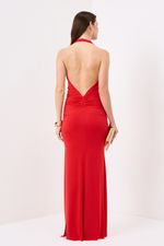 Vestido Longo Frente Única Drapeado na Cintura Vermelho 