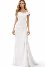 Vestido de Noiva Longo em Licra Ombro a Ombro com Drapeado na Cintura Branco