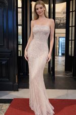 Vestido Longo com Tule e Vidrilhos Champagne 