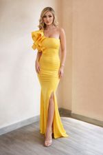 Vestido Longo Uma Manga Com Babado Amarelo