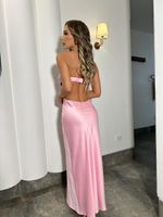 Vestido Longo de Seda Tomara que Caia com Decote Coração Rosa