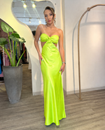 Vestido Longo de Seda Tomara que Caia com Decote Coração Verde