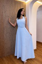Vestido Longo Liso com Cinto Azul