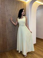 Vestido Longo Liso com Cinto Bege