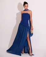 Vestido Longo Strapless Liso com Saia Plissada + Lenço Azul
