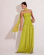 Vestido Longo Strapless Liso com Saia Plissada + Lenço Verde
