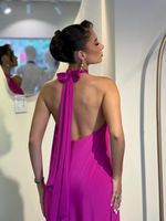 Vestido Longo Lycra com  Amarração no Pescoço  Fúcsia