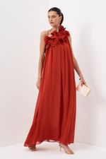 Vestido Longo de Um Ombro Só com Babado e Caimento Elegante Terracota
