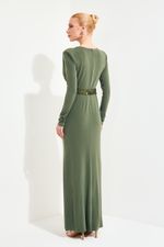 Vestido Longo Ombreira e Cinto Paetê Verde Oliva